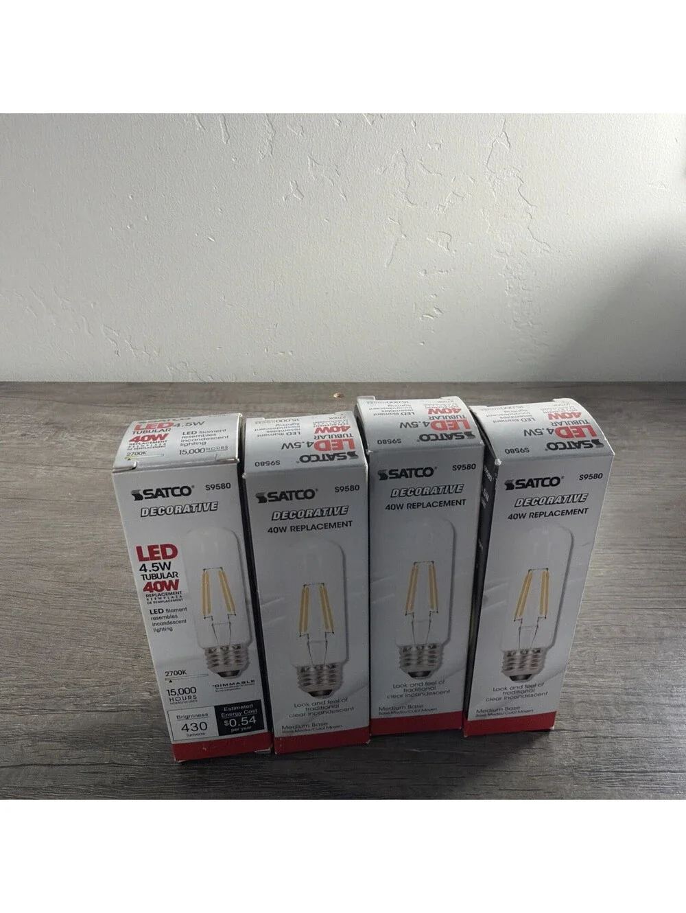 4 Pack Satco LED Bulbs 5.5W =40W 120V T10 Medium E26 Dimmable Clear 2700K
